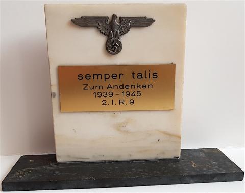 WW2 GERMAN NAZI UNIQUE COMMEMORATIVE FUNERAL MARBLE PLATE FOR A WAFFEN SS FALLEN SOLDIER. DATED, NAMED. WITH A SS VISOR CAP INSIGNIA