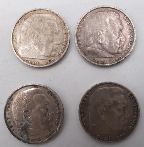 lot of 4 HINDENBURG 5 REICHMARKS 1935 1936 SILVER COINS GERMANY THIRD REICH