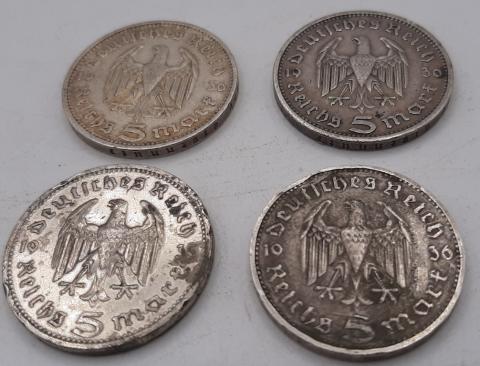 lot of 4 HINDENBURG 5 REICHMARKS 1935 1936 SILVER COINS GERMANY THIRD REICH