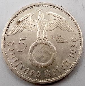 1936 1939 .900 SILVER COIN HINDENBURG 5 REICHMARKS WITH SWASTIKA THIRD REICH PERIOD