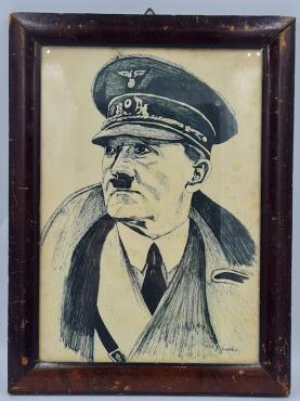 WW2 German NSDAP Fuhrer Leader Adolf Hitler original painting - drawing in frame, signed and date 1942